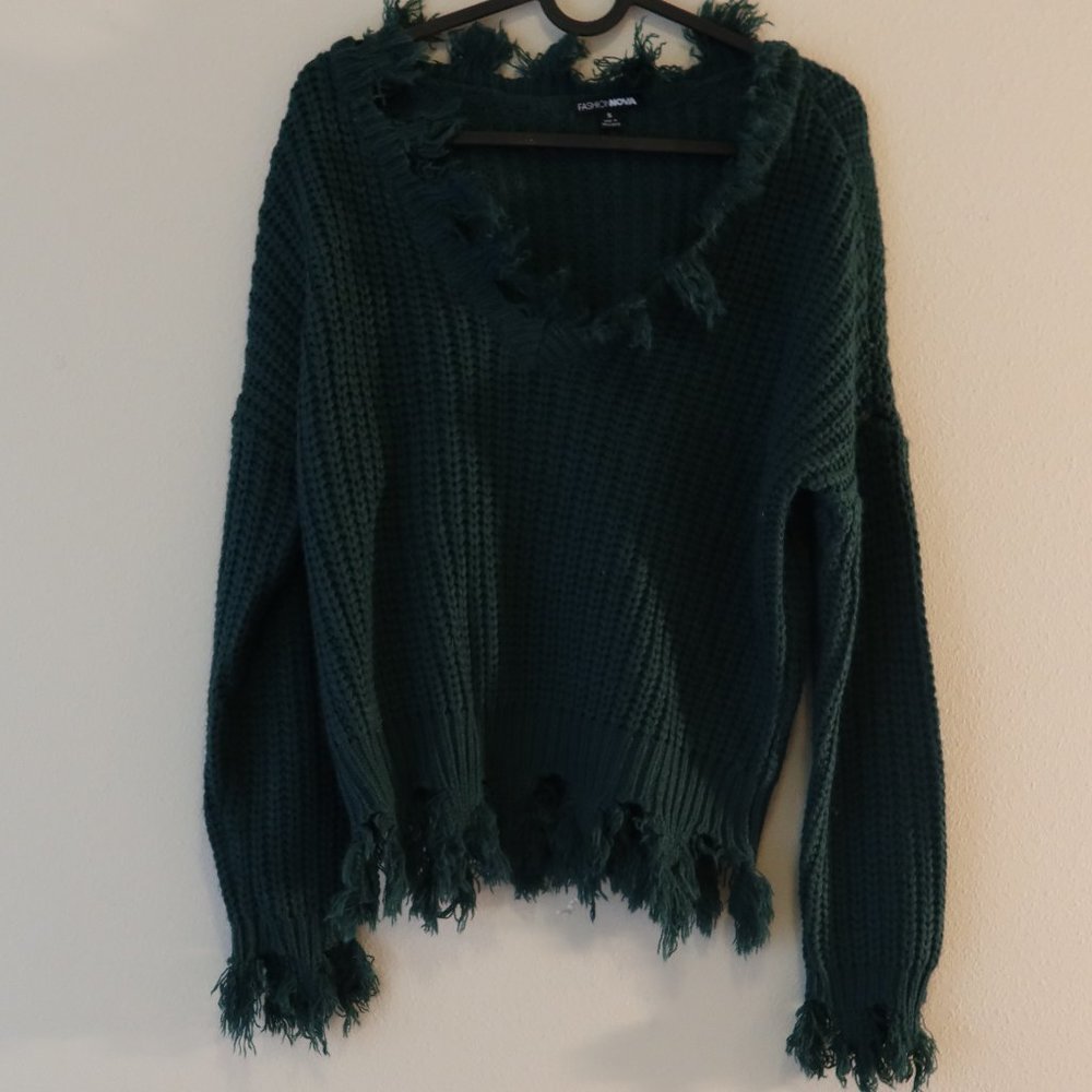 Fashion Nova Green Sweater with Distressed Fringe